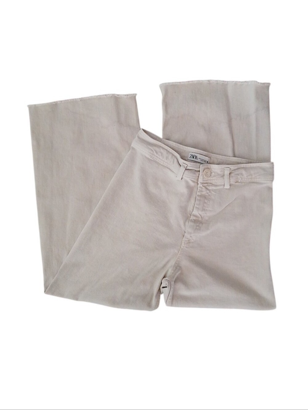 Zara The Marine Straight Jeans Stretch Wide Leg Raw Hem High Rise Women 10 Beige